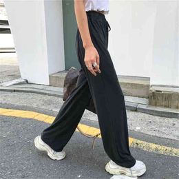 Dritto di grandi dimensioni Casual Solid Pantaloni a gamba larga Streetwear Suit Pantaloni larghi a figura intera Pantaloni lunghi da donna con lacci 210423