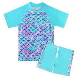 Baohulu Short Sleeve Girls Swimsuit Cyan Scale Kids Swimwear Set Bathing Suit Upf 50+ Beach Swimming for Child Summer