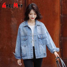 Casual Autumn Beaded Women's Denim Jacket with Pearls Loose Basic Korean Style Blue Ripped Jean Women 210428