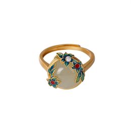 Baifuming s925 sterling silver gold-plated cloisonne Hetian Jade Pearl Ring vintage court flower ladies ring