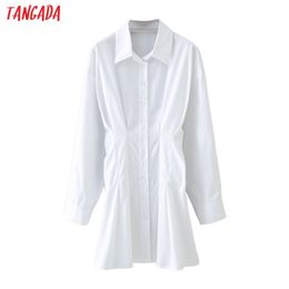 Women White Pleated Tunic Shirts Long Sleeve Solid Turn Down Collar Elegant Office Ladies Work Wear Blouses 5X19 210416