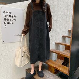 Casual Dresses College Style Loose High Waist Medium And Long Lean Cover Meat Age Reduced Denim Strap Female Student