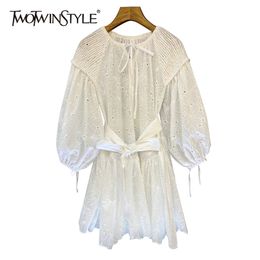 White Hollow Out Casual Dress For Women O Neck Puff Wrist Sleeve High Waist Lace Up Bowknot Mini Dresses Female 210520