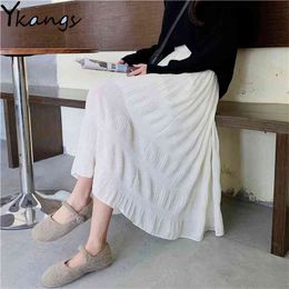 Women Solid Ruffle Mesh French Elegant Chic Spring Casual Simple Long Skirt White Harajuku All-match Black Pleated Skirts 210421