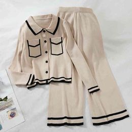 Spring Women Knitted Pants Sweaters 2pcs Suits Long Sleeve Striped Single-breasted Cardigan Top + Wide-leg Trousers Set 210416