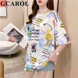 GCAROL Summer Women Cartoon Long T-shirt Oversized Letters Graffiti Multi-Printed Cute Stretch Streetwear Tees Plus Size XL 210623