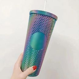 24 oz Personalised Star-bucks Water Bottles Iridescent Bling Rainbow Unicorn Studded Cold Cup Tumbler coffee mug with straw B101