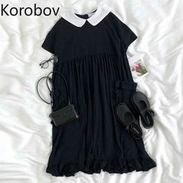 Korobov Japanese Style Dark Style Women Dress Korean Peter Pan Collar Short Sleeve Dresses Summer Chic Kawaii Vestidos 210430