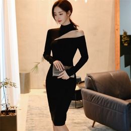 korean style women slim OL dress Spring Sexy Black Long sleeve one shoulder bodycon pencil party 210519