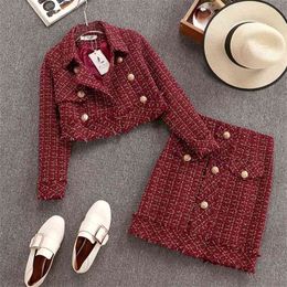 Fall Winter Small Fragrance Vintage Tweed Two Piece Set Women Single-Breasted Woollen Short Jacket Coat + Mini Skirt 2 210514