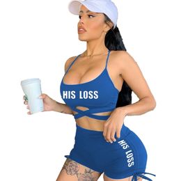 Match Letter Printed Two Piece Tracksuit Sets Womens Outfits Spaghetti Strap Crop Top Biker Shorts Gym Clothing Workout 210525