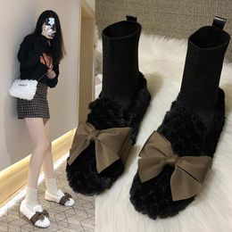 Boots Hairy Shoes Women's Outer Wear 2021 Autumn And Winter Bow Knot All-match Elastic Socks Casual Peas