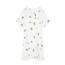 PERHAPS U White Loose V Neck Short Sleeve Floral Flower Print Casual Midi Mid Calf Dress Summer Beach Casual D0374 210529