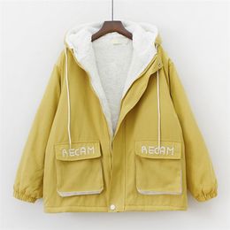 Autumn Winter Plus Velvet Thickening Tooling Jacket Korean Harajuku Hooded Loose Warm Women Clothing Pocket Letter Printing Coat 211216