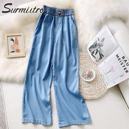 SURMIITRO Floor Length Wide Leg Baggy Long Pants Women Summer Cool Ice Fabric Korean Style Female High Waist Trousers Blue 210712
