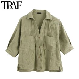 TRAF Women Fashion With Pockets Loose Linen Blouses Vintage Short Sleeve Side Vents Female Shirts Chic Tops 210415