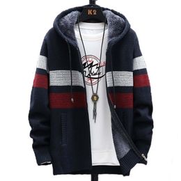 FALIZA Men's Striped Sweater Coat Thick Fleece Warm Zipper Wool Hooded Cardigan Jumpers Men Long Sleeve Knitted Sweaters XY110 211221