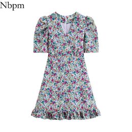 Nbpm Women Sexy Fashion With V-Neck Elegant Short Sleeve Mini Dress Vintage Floral Print Pleated Vestidos Mujer Spring 210529