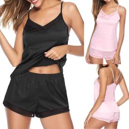 Satin Pajamas Sexy Lace Pijama Nightie Sleepwear Home Clothes Tops and Shorts Women's Silk Pajamas Solid Color Nighty Set Q0706