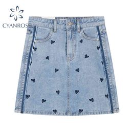 Summer Crop Denim Skirt Love Print Retro A Line Washed Blue Shorts Jean Skirts Or Buttoms Y2K Fashion Streetwear Clothing 210417