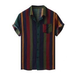 Men's T-Shirts Casual Beach Shirt Stripe Single-breasted Men Short Sleeve Lapel Hawaiian Beachwear Top 2021