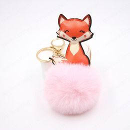 Cute Leather Fox Keychain Accessory Plush Fluffy Faux Rabbit Fur Ball Key Chains Holder Women Pompom Bag Charms Key Ring Llavero