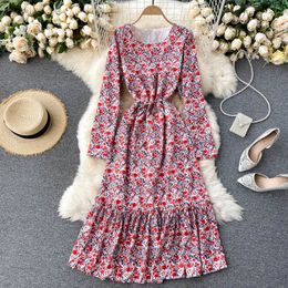 SINGREINY Women Bohemian Print Dress French Sweet O Neck Long Sleeve Ruffles Dress Autumn Korean Romantic Holiday Print Dresses 210419