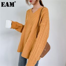 [EAM] Yellow Big Size Knitting Sweater Loose Fit V-Neck Long Sleeve Women Pullovers Fashion Autumn Winter 1Y188 21512