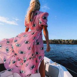 Wrinkle-free Pink Eyes Chiffon Bikini Cover-ups Sexy Short Sleeve Summer Beach Dress Women Wear Swim Suit Cover Up D1 210714