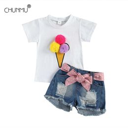 Girls Summer Clothes Set Ice-cream Top + Hole Short Jeans 2 pcs Kids Children Casual School Outdoor Vestidos X0902