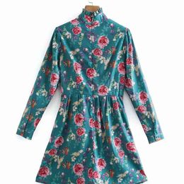 Women's Clothes Floral Print Vintage Dress Front Button Chiffon Shirt Simple Daily Vestidos Female 210430