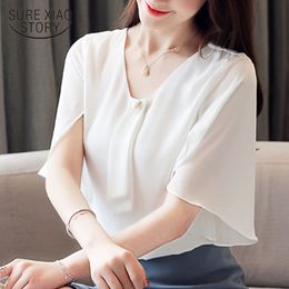 Fashion Women And Blouses Ladies Tops Chiffon White Shirts Short Sleeve Blouse Beading 3978 50 210415