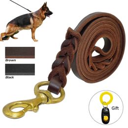 Braided Leather Dog Leash Pet Walking Training Leash Lead For Medium Large Dogs German Shepherd Gift Dog Training Clicker 211006