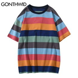 T-Shirts Tops Hip Hop Streetwear Casual Men Women Summer Cotton Colour Block Striped Tshirts Harajuku Short Sleeve Tees 210602