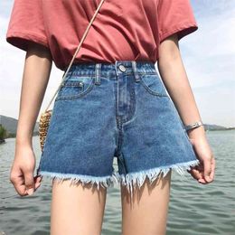 Retro Ripped Summer Women Wide Leg Blue Denim Shorts Casual Female Streetwear Loose Solid Tassel Jeans Plus Size 210601