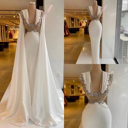 White Pearls Mermaid Evening Dresses With Cape Sleeve Deep V Neck Beaded Prom Dress Formal Party Gowns Custom Made Robe de mariée