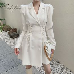 Autumn Women White Mini Long Sleeve Suit Sexy Lace Up Short Slim Black Blazer Dress 210415