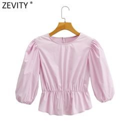 Women Fashion O Neck Pink Color Elastic Waist Shirt Lady Pleat Lantern Sleeve Chic Roupas Blouse Femininas Crop Tops LS9186 210416