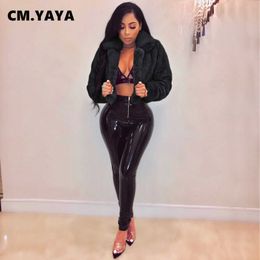 CM.YAYA Winter Women Faux Fur Solid Jackets Streetwear Fashion Long Sleeve Open Stitch Slim Coats Y0829