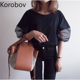 Korobov Spring Summer New Mesh Patchwork T Shirts Korean Office Lady Female Tee Tops O Neck Puff Sleeve T Shirt 210430