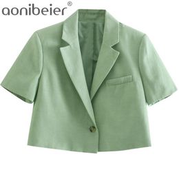 Summer Short Sleeve Notched Collar Cropped Blazer Fresh Green Linen Thin Women Jacket Single Button Straight Top 210604