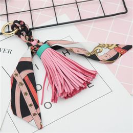 PU Leather Tassels Silk Scarves Key Chains Keyring for Bag Charm Pendant Acessory fow Women