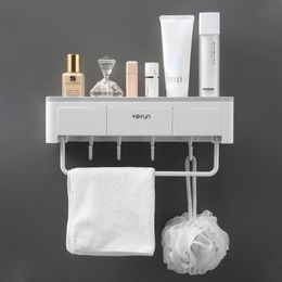 Bathroom Shelf Wall Mounted Shampoo Cosmetic With Drawer Storage Rack Organiser Towel Bar Robe Hooks Holder Bathroom Accessories 210330