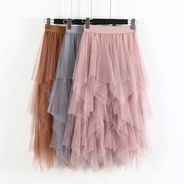 Women irregular Tulle Skirts Fashion Elastic High Waist Mesh Tutu Skirt Pleated Long Skirts Midi Skirt Saias Faldas Jupe Femmle 210527