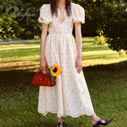 Summer Luxury Women Long Party Puff Sleeve Vintage Embroidery Yellow Maxi Tunic Dress 210415