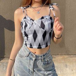 Street Plaid lace up contrast chest slim navel strap vest for women yk2 crop tops tank top gothic 210602