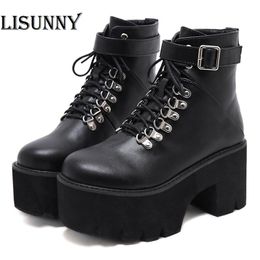 Boots 2021 Arrival Women Autumn Shoes Chunky Block High Heel Platform Lace Up Ankle For Comfortable Promotion Sale