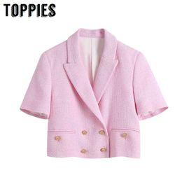 Toppies Women Pink Tweed Coat Spring Summer Short Sleeve Coats Double Breasted Suit Design Jacket 210412