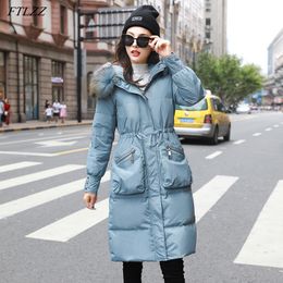 Winter Elegant Women 90% White Duck Down Coat Large Raccoon Fur Collar Hooded Parkas Long Snow Outwear 210423