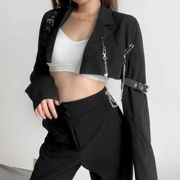 Streetwear handsome chain small suit jacket design sense leather buckle stitching long-sleeved short coat punk women Blazer top 210526